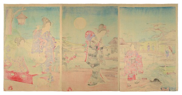 Beautiful Women Viewing the Moon by Nobukazu, Woodblock Print