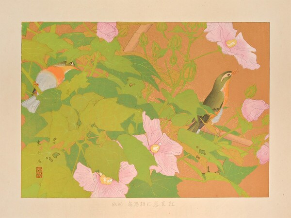 Early Autumn: Acacia Birds (lovebird) and RedFuyo (Rose Mallow Hibiscus ) by Rakusan (Rakuzan), Woodblock Print