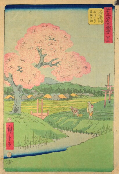Ishiyakushi: Yoshitsune's Cherry Tree and the Shrine of Noriyori by Hiroshige, Woodblock Print