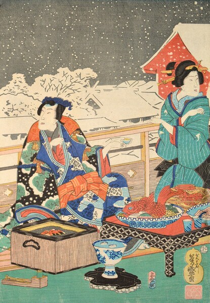 Snow Viewing by Yoshimori, Woodblock Print