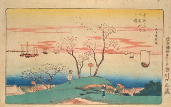 Evening Cherry Blossoms at Mt. Goten by Hiroshige, Woodblock Print