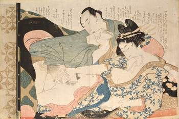 Courtesan and Her Client by Hokusai, Woodblock Print