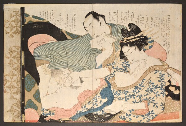 Courtesan and Her Client by Hokusai, Woodblock Print