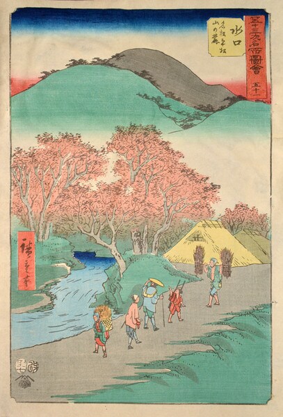 Minakuchi; Famous Pine Trees at the Foot of Mt. Hiramatsu by Hiroshige, Woodblock Print