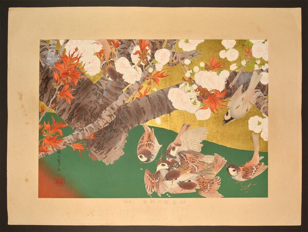 Omuro Cherry and Flock of Tree Sparrows (Midspring) by Rakusan (Rakuzan), Woodblock Print