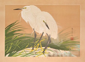 Sweet Flag Flowers and Strawraincloaked Little Egrets (Winter) by Rakusan (Rakuzan), Woodblock Print