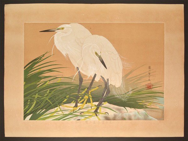 Sweet Flag Flowers and Strawraincloaked Little Egrets (Winter) by Rakusan (Rakuzan), Woodblock Print