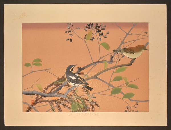 Privet and Narcissus Flycatchers (Early Spring) by Rakusan (Rakuzan), Woodblock Print