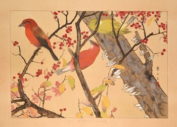 Largeberry Winterberry and Red Crossbills (Early Winter) by Rakusan (Rakuzan), Woodblock Print