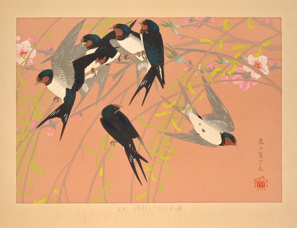 Weeping Willow and Flock of Barn Swallows (Mid Spring) by Rakusan (Rakuzan), Woodblock Print