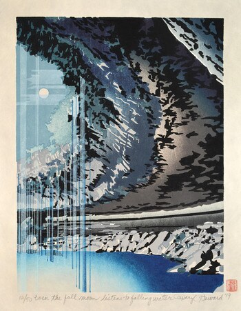 Even the full moon listens to falling water by Howard, Daryl, Woodblock Print