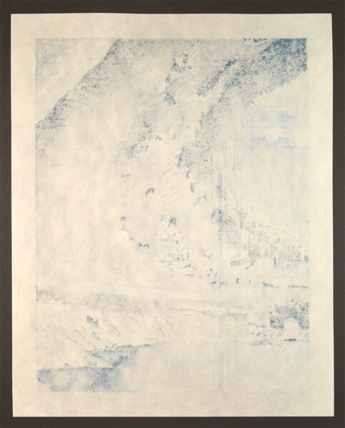 Even the full moon listens to falling water by Howard, Daryl, Woodblock Print