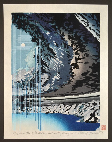 Even the full moon listens to falling water by Howard, Daryl, Woodblock Print