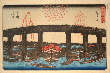 Fireworks at Ryogoku Bridge by Hiroshige, Woodblock Print
