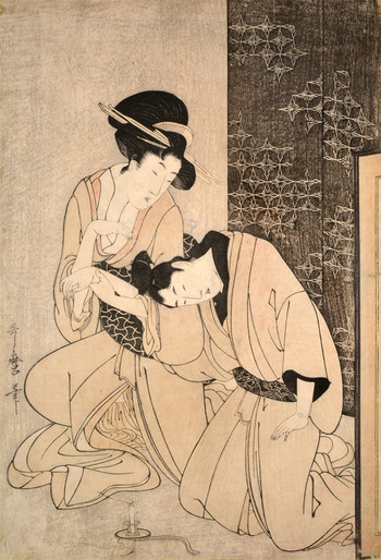 Two Lovers by Candlelight by Utamaro, Woodblock Print