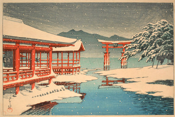 Miyajima Shrine in Snow by Hasui, Woodblock Print