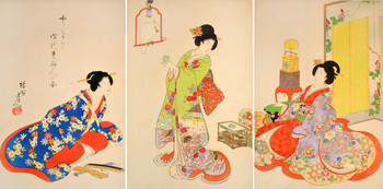 Court Ladies with a Cockatoo by Chikanobu, Woodblock Print
