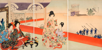Watching a Noh Performance by Chikanobu, Woodblock Print