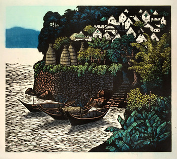 Fishing Village by Shi, Yi, Woodblock Print