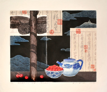 Hui's Bluewhite Porcelain, Ode to Autumn by Dai, Bin, Woodblock Print