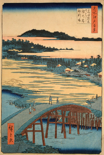 Sugatami Bridge, Omokage Bridge, and the Gravel Pit at Takata by Hiroshige, Woodblock Print