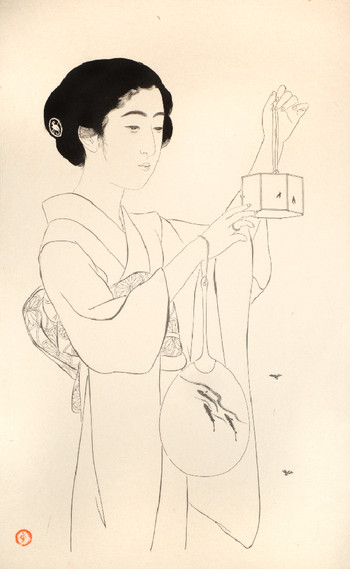 Woman Holding a Firefly Cage by Goyo, Woodblock Print
