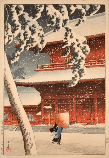 Zojo Temple in Snow, Shiba by Hasui, Woodblock Print