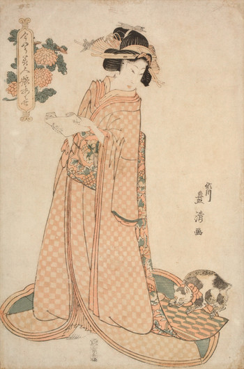 Young Lady with Cat by Toyokiyo, Woodblock Print