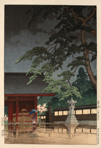 Spring Rain at Gokokuji by Hasui, Woodblock Print