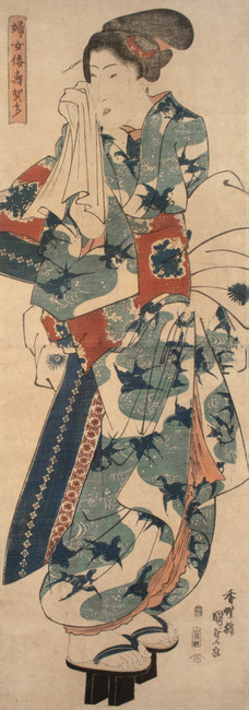 Woman in Chidori Kimono by Kunisada, Woodblock Print