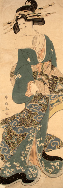 Beauty in Cloudmotif Obi by Shunsen, Woodblock Print