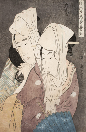 The Lovers Umegawa and Chubei by Utamaro, Woodblock Print
