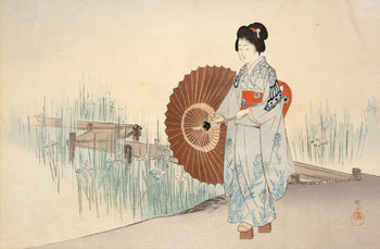 Woodblock print titled Woman in an Iris Garden Terukata Ikeda