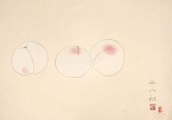 Woodblock print titled Three Peaches by Heihachiro Fukuda