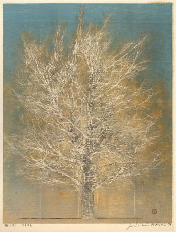 Woodblock print titled Tree (White) by Joichi Hoshi