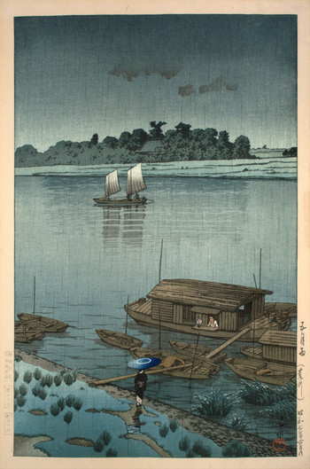 Early Summer Rain at Arakawa by Hasui, Woodblock Print