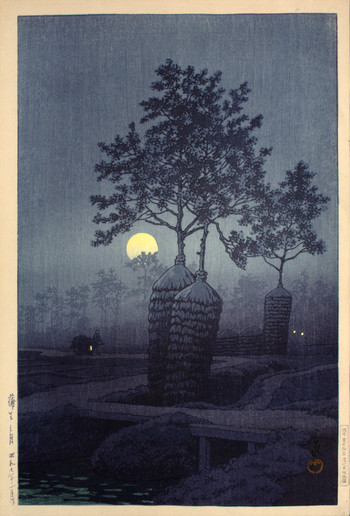 woodblock print titled Moon at Gamo by Hasui Kawase