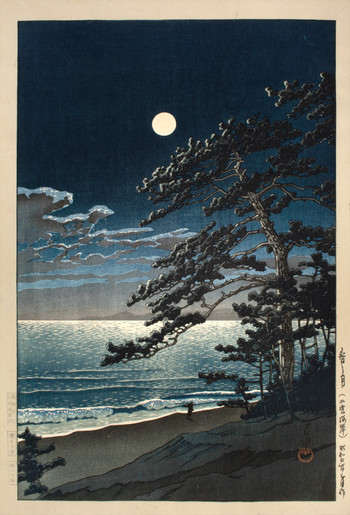 Woodblock print titled Spring Moon at Ninomiya Beach by Hasui Kawase