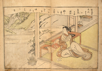 Beauty at a Writing Desk by Harunobu, Woodblock Print