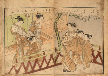 Courtesans and Kamuro Beneath a Flowering Tree by Harunobu, Woodblock Print