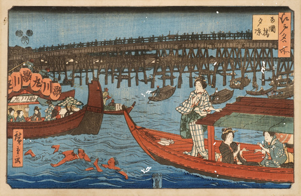 Enjoying the Evening Cool at Ryogoku Bridge by Hiroshige, Woodblock Print