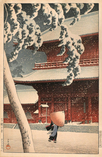 Zojo Temple in Snow, Shiba by Hasui, Woodblock Print