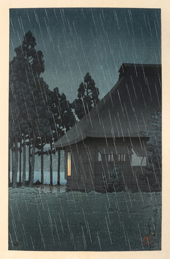 Evening Rain at a Lakeside Tearoom by Hasui, Woodblock Print