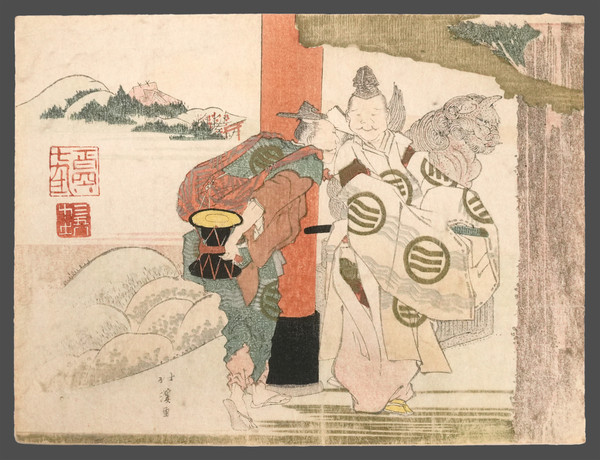 Itinerant Musician Visits a Shrine by Hokkei, Woodblock Print