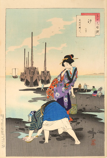 Low Tide: Women of the Bunka Era by Toshikata, Woodblock Print