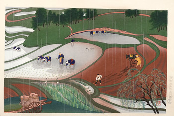 Planting Rice by Bakufu, Woodblock Print