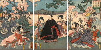 Genji on a Cherry Blossomviewing Excursion by Kunisada II (aka Kunimasa III, Toyokuni IV), Woodblock Print