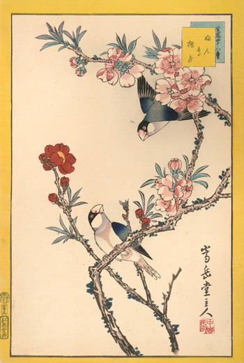Finches and Peach Blossoms (no. 5) by Sugakudo, Woodblock Print