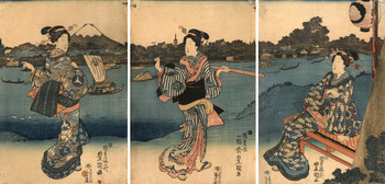 Beauties on the Bank of the Sumida River by Toyokuni III, Woodblock Print