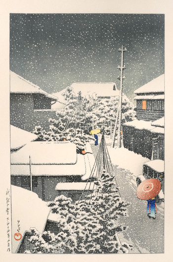 Snow at Daichi by Hasui, Woodblock Print